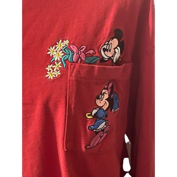 Vtg Mickey & Minnie Embroidered Pocket Love Flowers Long Sleeve Red Womens Large - Picture 15 of 16